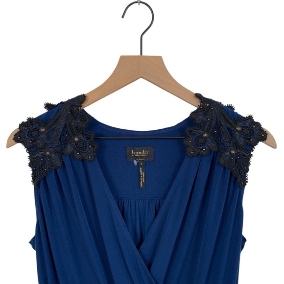 Laundry Cobalt Blue with Black Lace Faux Wrap Midi Dress - Picture 3 of 7